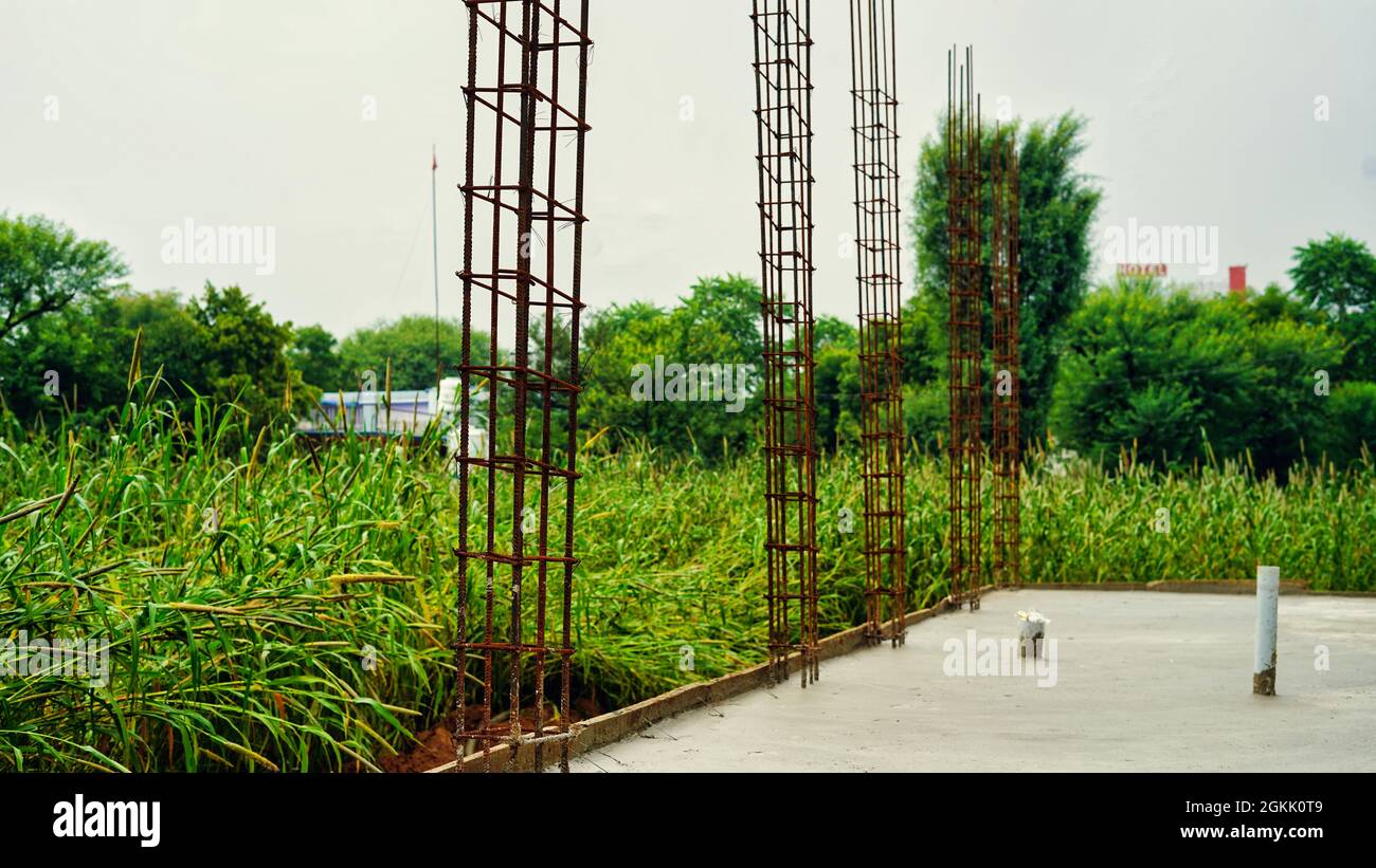 Rusty reinforcement in concrete and industrial reinforced concrete slabs used in the construction of buildings and structures. Stock Photo
