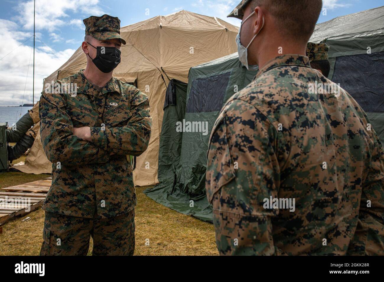 U.S. Marine Brig. Gen. Karl D. Pierson, Commanding General, 4th Marine Logistics Group, visits Marines during Arctic Care 2021 in Kodiak, Alaska on May 11, 2021. Arctic Care 2021 provides medical troops and support personnel “hands-on” readiness training while providing no-cost medical care to the people of Kodiak, Alaska. Stock Photo