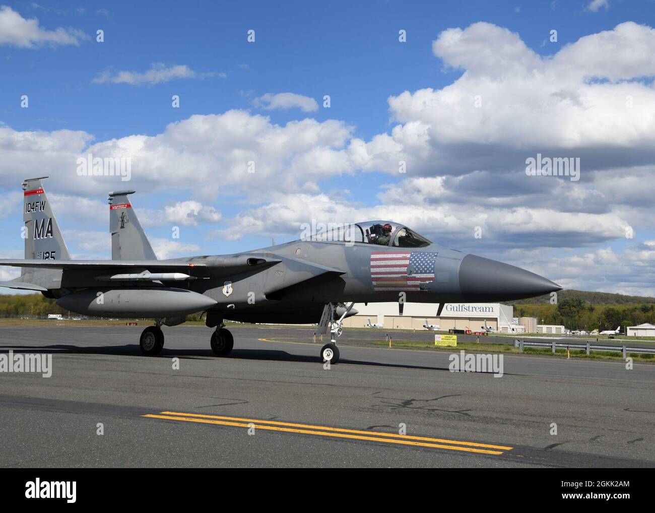 Aircraft 85-125 is the first F-15C  Eagle at the 104th Fighter Wing to hit 10,000 flight hours.  Lt. Col. John 'Rocket' Koegel flew the sortie on May 11, 2021 out of Barnes Air National Guard Base, Westfield Massachusetts that pushed the 'odometer' past 10,000 flight hours. Stock Photo