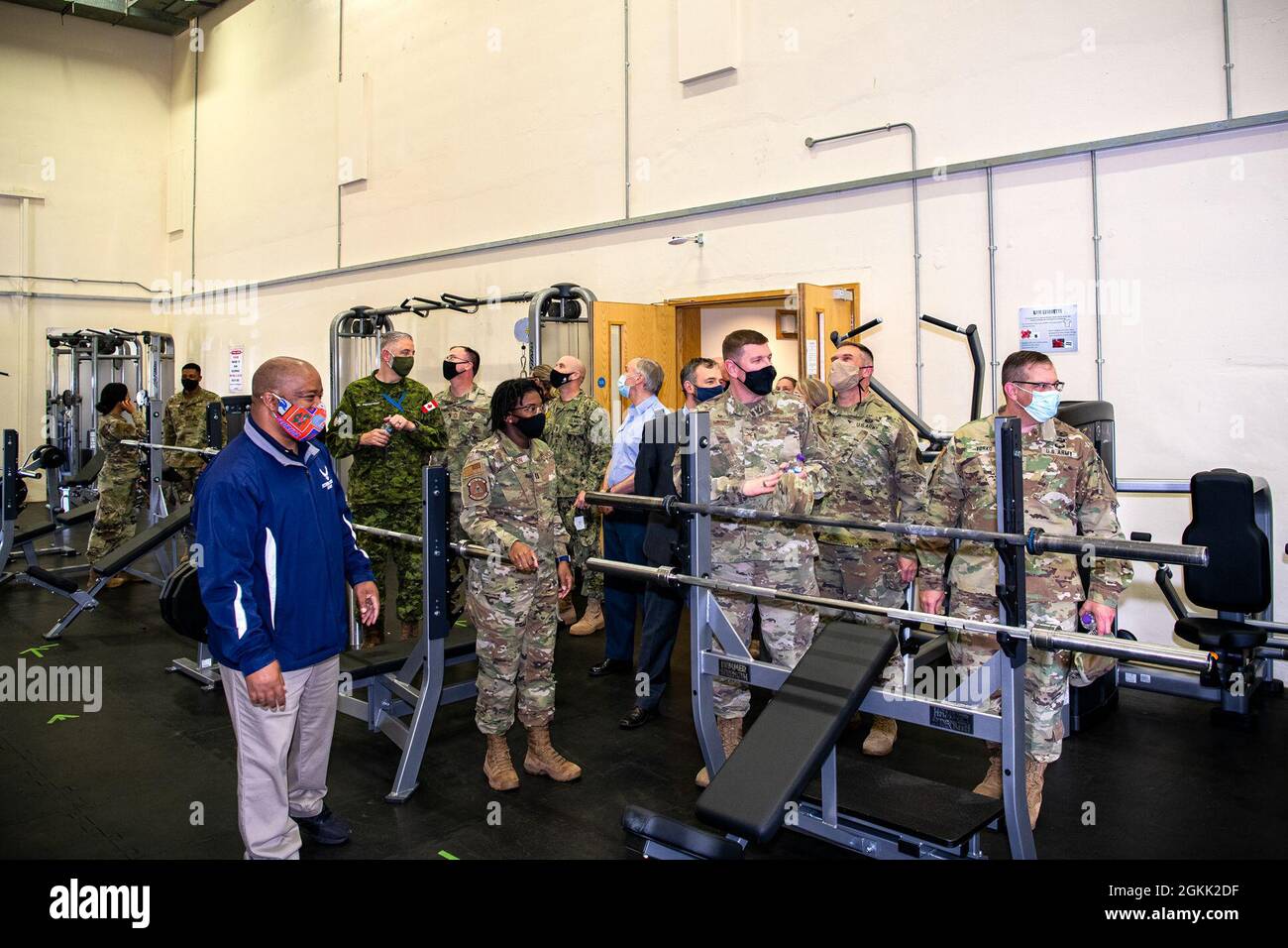 Leadership from RAF Alconbury and RAF Molesworth, tour the renovated fitness center at RAF Molesworth, England, May 11, 2021. The fitness center at Molesworth reopened after months of refurbishing and renovations. Stock Photo