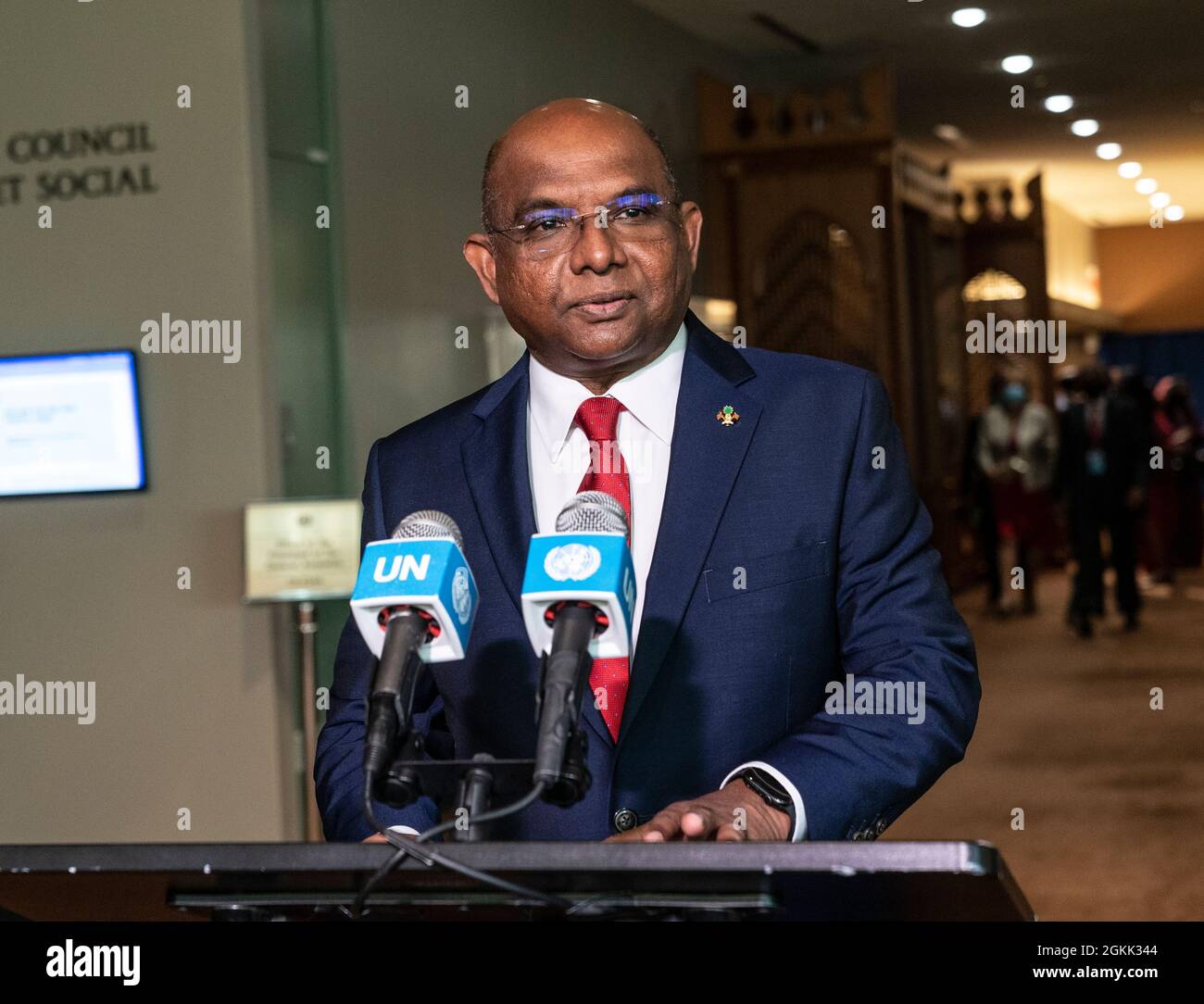 New York, NY - September 14, 2021: Abdulla Shahid conducts press conference after elected as President of 76th General Assembly at UN Headquarters Stock Photo