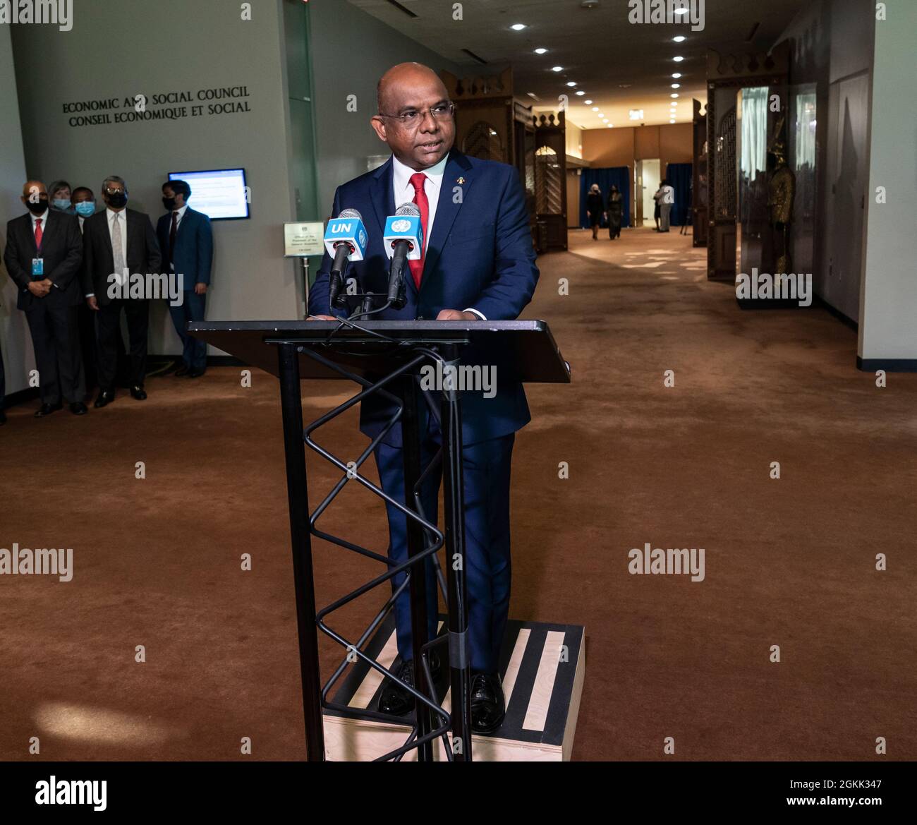 New York, NY - September 14, 2021: Abdulla Shahid conducts press conference after elected as President of 76th General Assembly at UN Headquarters Stock Photo