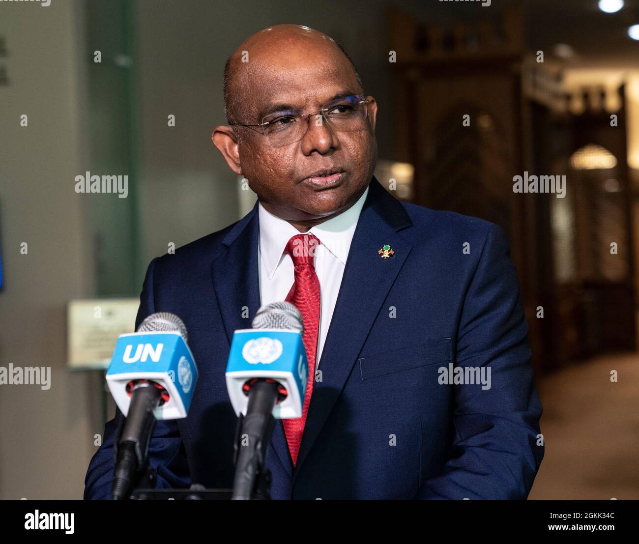 New York, NY - September 14, 2021: Abdulla Shahid conducts press conference after elected as President of 76th General Assembly at UN Headquarters Stock Photo