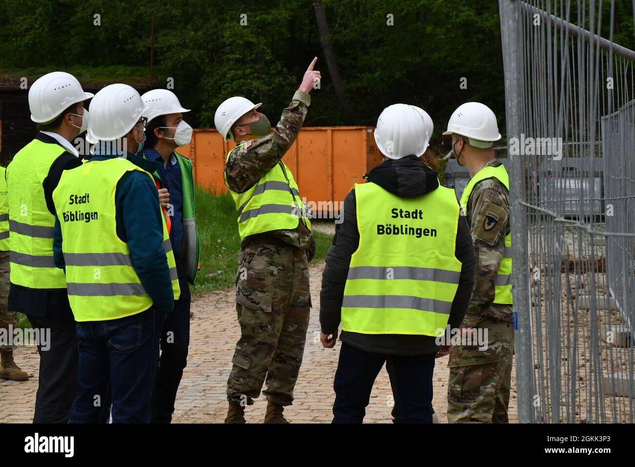 Partners from the city of Boeblingen, Germany, regional governmental officials and local citizens tour construction on Panzer Kaserne's range that is aimed to reduce the noise impact on the local community, May 11, 2021. U.S. Army Garrison Commander Col. Jason Condrey and Boeblingen Mayor, Dr. Stefan Belz, spoke about value of the U.S.-German partnership and the long term benefits from the new construction. The project was funded by both the U.S. and Germany. Stock Photo