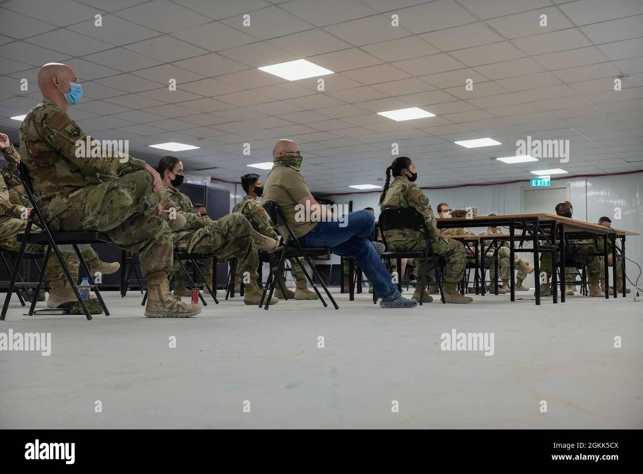 Airmen deployed to the 332nd Air Expeditionary Wing gather to hear a ...