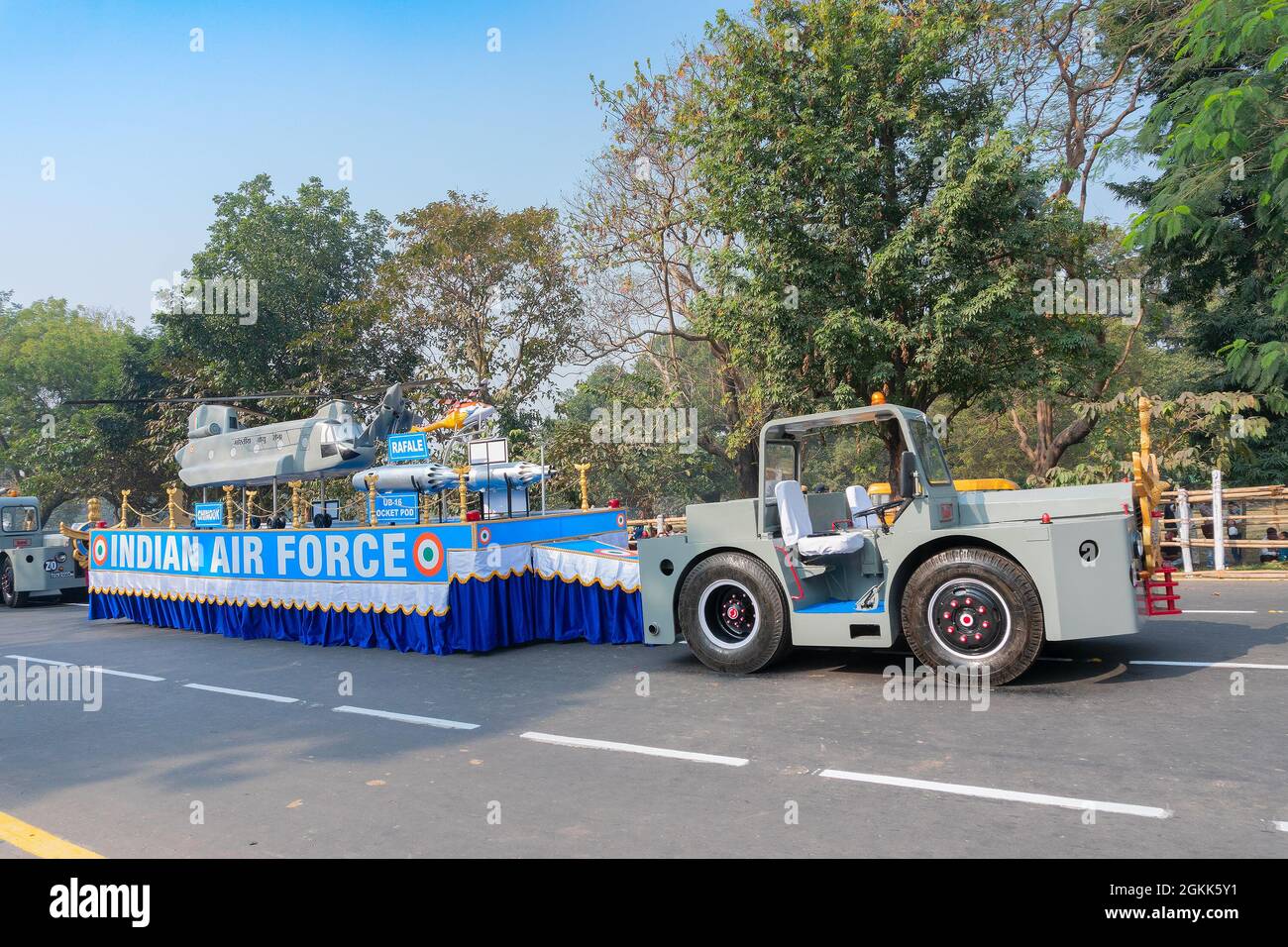 Kolkata, West Bengal, India - 26th January 2020 : A truck carrying model of Rafale fighter jet, UB 16 rocket pod and Chinook helicopter, Republic day Stock Photo