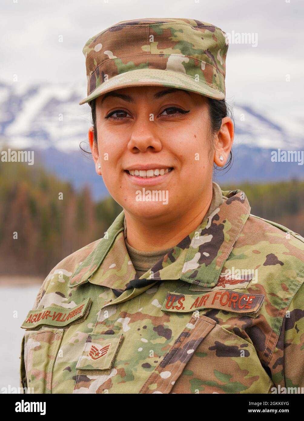 U.S. Air Force Staff Sgt. Michelle Aguilar-Villafuerte, a digital network exploit analyst with the 247th Intelligence Squadron, Tennessee Air National Guard, poses for a portrait while on temporary assignment at Joint Base Elmendorf-Richardson, Alaska, May 12, 2021. Aguilar-Villafuerte was in Alaska to learn new skills and support active-duty operations at JBER. Stock Photo
