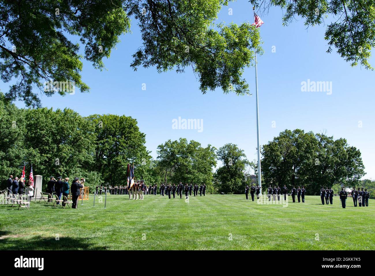 U.S. Soldiers assigned to the 3rd U.S. Infantry Regiment (The Old Guard) participate in an Army Full Honor Arrival Ceremony welcoming General Sir Mark Alexander Carleton-Smith, the chief of the General Staff of the British Army, at Whipple Field, Joint Base Myer-Henderson Hall, Arlington, Va., May 13, 2021.   Chief of Staff of the U.S. Army Gen. James C. McConville hosted the event. Stock Photo