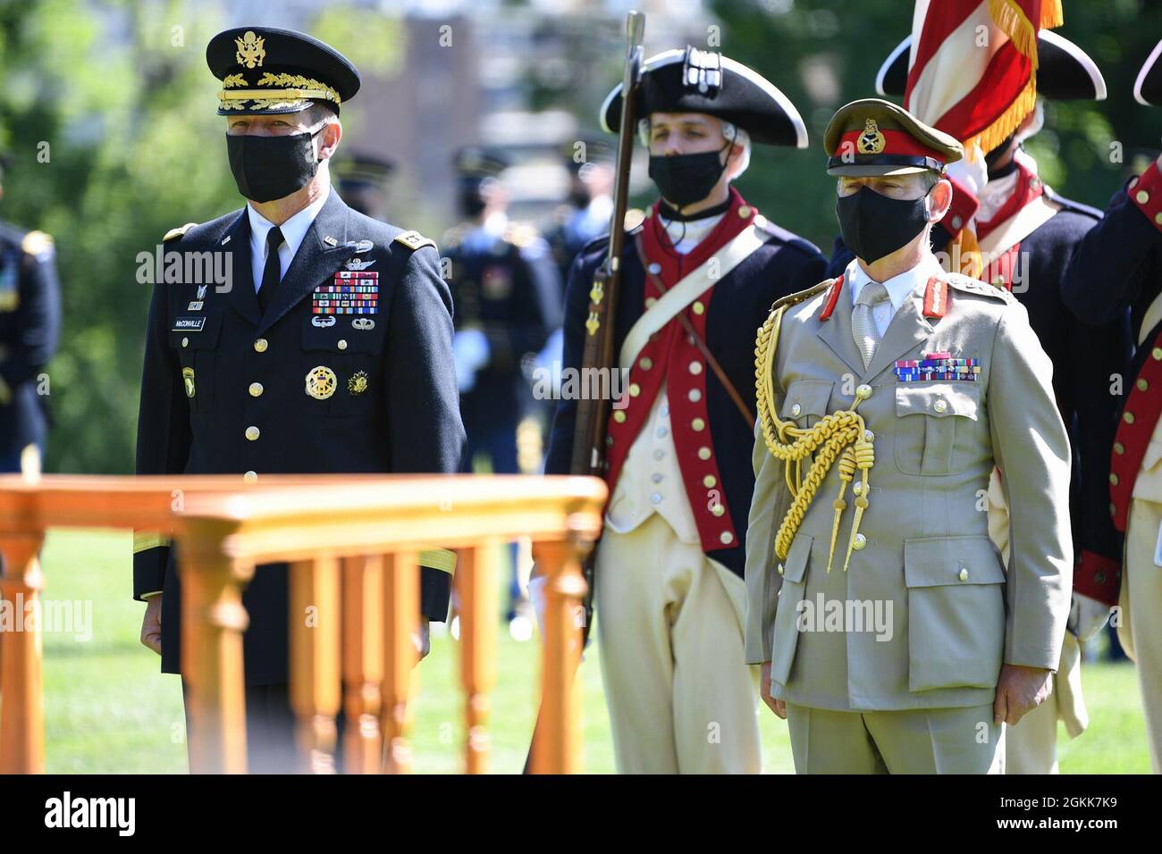Chief of Staff of the U.S. Army Gen. James C. McConville and General Sir Mark Alexander Carleton-Smith, the chief of the General Staff of the British Army, participate in an Army Full Honor Arrival Ceremony at Whipple Field, Joint Base Myer-Henderson Hall, Arlington, Va., May 13, 2021. Stock Photo