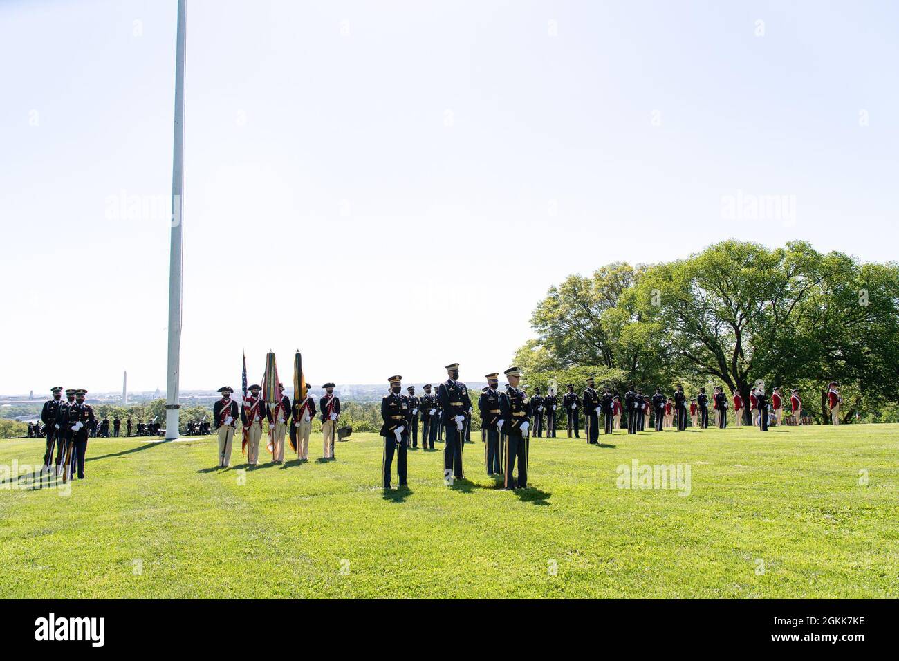 U.S. Soldiers assigned to the 3rd U.S. Infantry Regiment (The Old Guard) participate in an Army Full Honor Arrival Ceremony in honor of General Sir Mark Alexander Carleton-Smith, the chief of the General Staff of the British Army, at Whipple Field, Joint Base Myer-Henderson Hall, Arlington, Va., May 13, 2021.   Chief of Staff of the U.S. Army Gen. James C. McConville hosted the event. Stock Photo