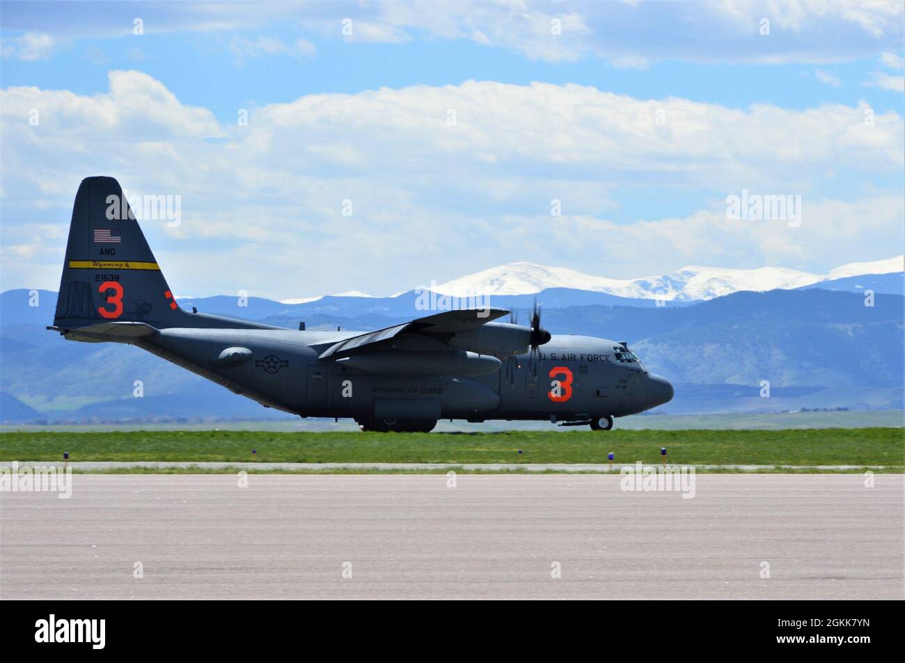 JEFFCO AIRTANKER BASE, Colo. --  A C-130 Hercules aircraft from the 153rd Airlift Wing prepares to lift off for its next training mission. The 153rd Airlift Wing is in Jefferson County, Colo., conducting annual aerial Wildland Firefighting (WFF) training and certification with the U.S. Department of Agriculture's Forest Service, using the USDA Forest Service-provided Modular Aerial Fire Fighting System (MAFFS) fixed aboard C-130 Hercules aircraft. Along with Colorado Springs' 302nd Airlift Wing, the units are conducting training drops with potable water over national forests and Bureau of Land Stock Photo