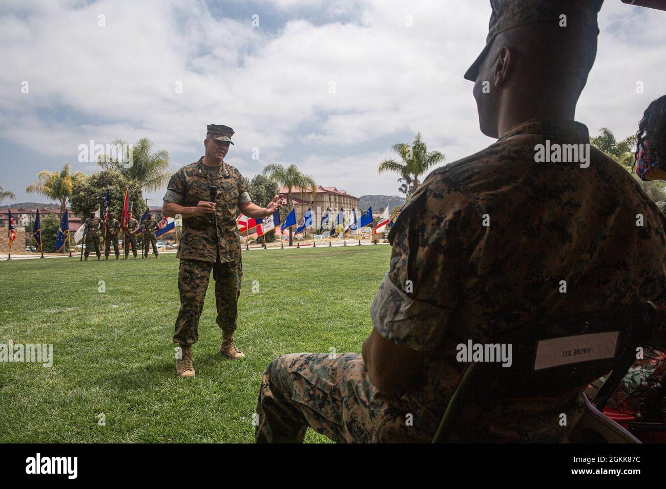 U.S. Marine Corps Col. John S. McCalmont, commanding officer, Combat Logistics Regiment 17, 1st Marine Logistics Group, gives remarks during the Combat Logistics Regiment 17 change of command ceremony at Marine Corps Base Camp Pendleton May 13, 2021. Since 1992, CLR-17 has provided command and control, administration, communications, food services and services to the 1st MLG. Stock Photo