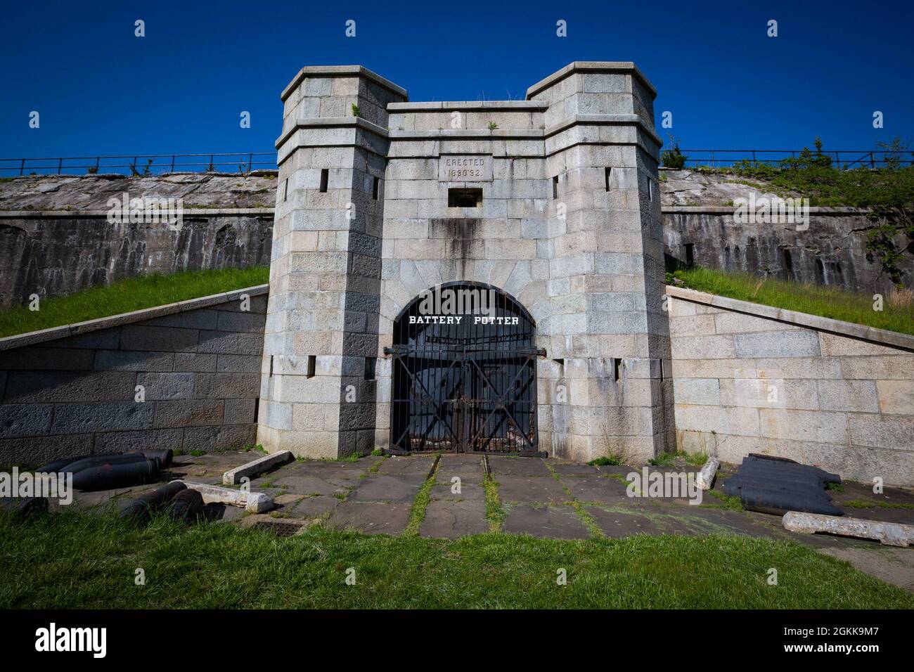 Battery Potter – a prototype for future concrete Endicott System Gun Batteries – at Fort Hancock, Gateway National Recreation Area at Sandy Hook, N.J., May 13, 2021. It was named in honor of Civil War Brig. Gen. Joseph H. Potter. The Battery had two 12-inch disappearing guns and was part of the Endicott System, which was constructed from 1890-1910. The System was created to attack enemy warships from earth-covered concrete fortifications. Endicott weaponry consisted of disappearing cannons, mortars, rapid fire guns, submarine nets, underwater mines, and searchlights. The System, which was part Stock Photo