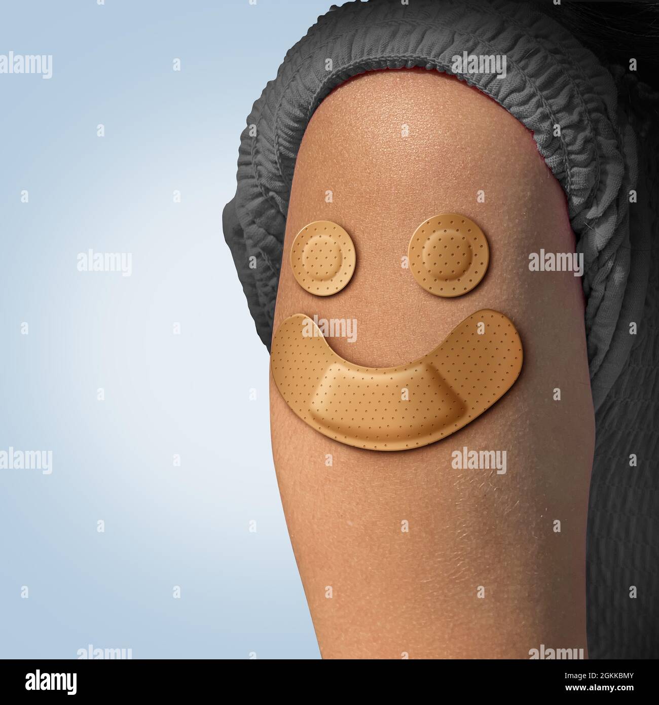Vaccination success or influenza vaccine immunization for covid prevention treatment as adhesive bandages shaped as a smiling face representing. Stock Photo