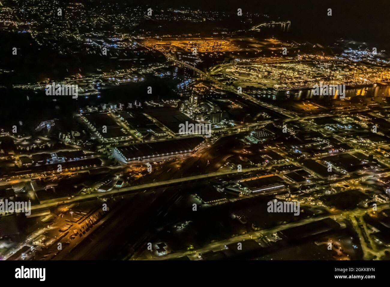 Arriving at night in the Puget Sound region after a flight from Minneapolis, Seattle area, Washinton State, USA Stock Photo
