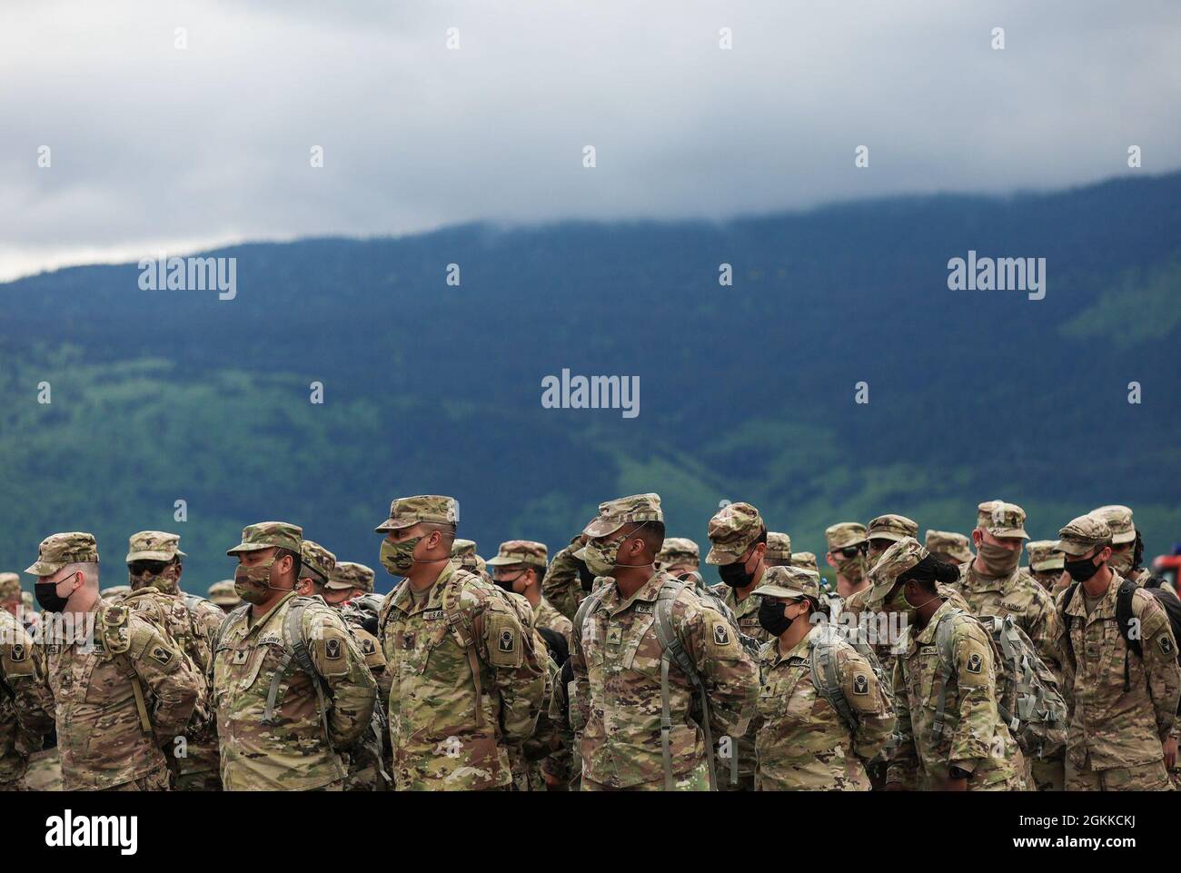 Soldiers from 2nd Battalion, 124th Infantry Regiment, 53rd Infantry Brigade Combat Team,  arrive in Sarajevo, Bosnia and Herzegovina, May 15, 2021. Nearly 700 U.S. Soldiers will train with the Armed Forces of Bosnia and Herzegovina (AFBiH) in a joint effort called Immediate Response 21. 'This will be the largest military exercise between the United States and BiH to date,' said Eric Nelson, the U.S. Ambassador to Bosnia and Herzegovina. 'This is a great training opportunity and for our forces to have the ability to work to strengthen preparedness and operations.' The effort supports DEFENDER-E Stock Photo