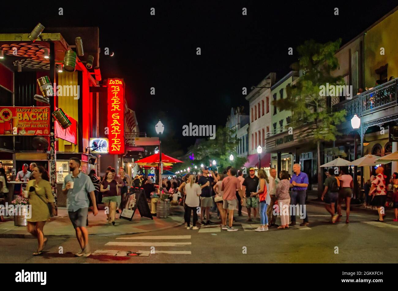People gather on Dauphin Street during the Second Friday Art Walk, Sept. 10, 2021, in Mobile, Alabama. Stock Photo