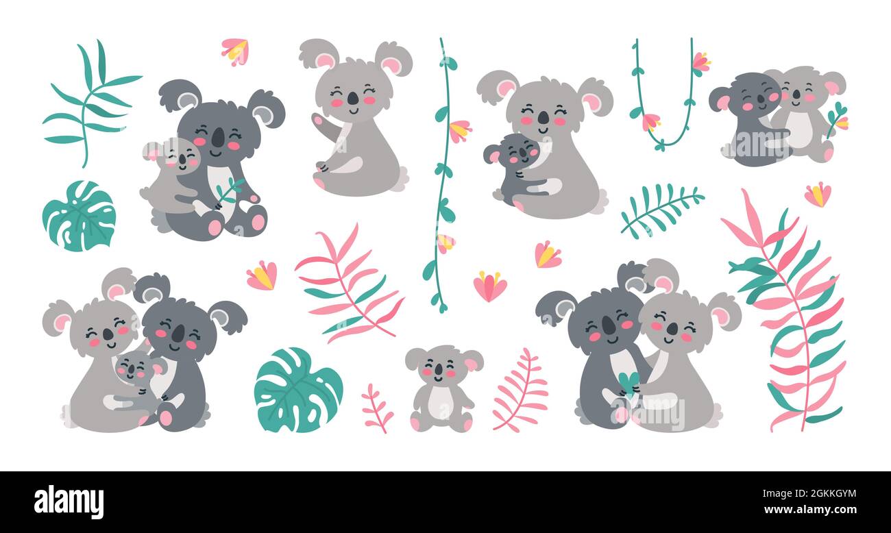 Koala family in jungles. Koala parents with babies in leaves, lianas and flowers. Vector illustration isolated in white background Stock Vector