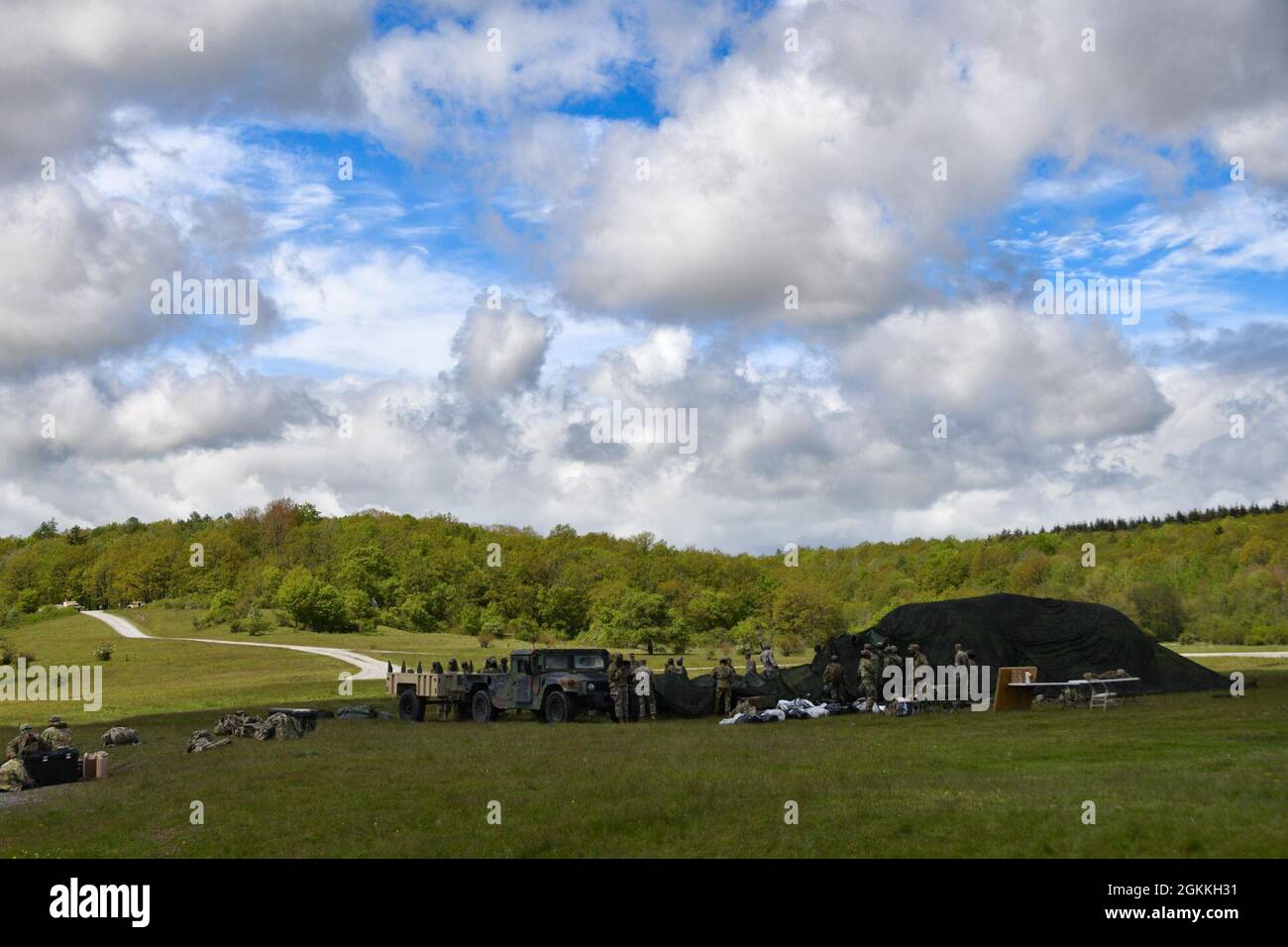 U.S. Soldiers with 601st Aviation Support Battalion, 1st Combat Aviation Brigade, 1st Infantry Division conduct field readiness exercise at Oberdachstetten Training Area, Ansbach, Germany, May 17, 2021. Stock Photo