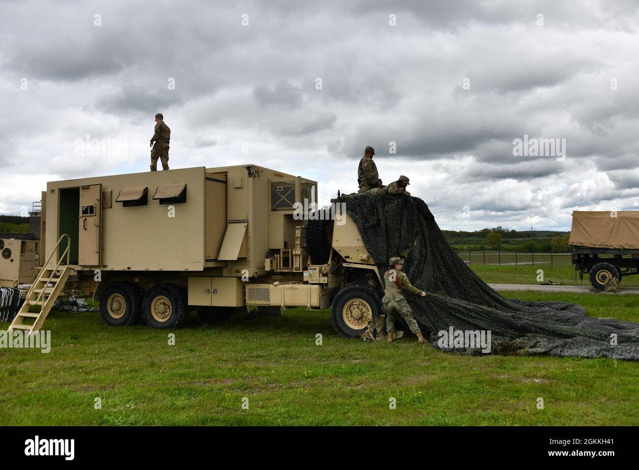 U.S. Soldiers with 601st Aviation Support Battalion, 1st Combat Aviation Brigade, 1st Infantry Division conduct field readiness exercise at Oberdachstetten Training Area, Ansbach, Germany, May 17, 2021. Stock Photo