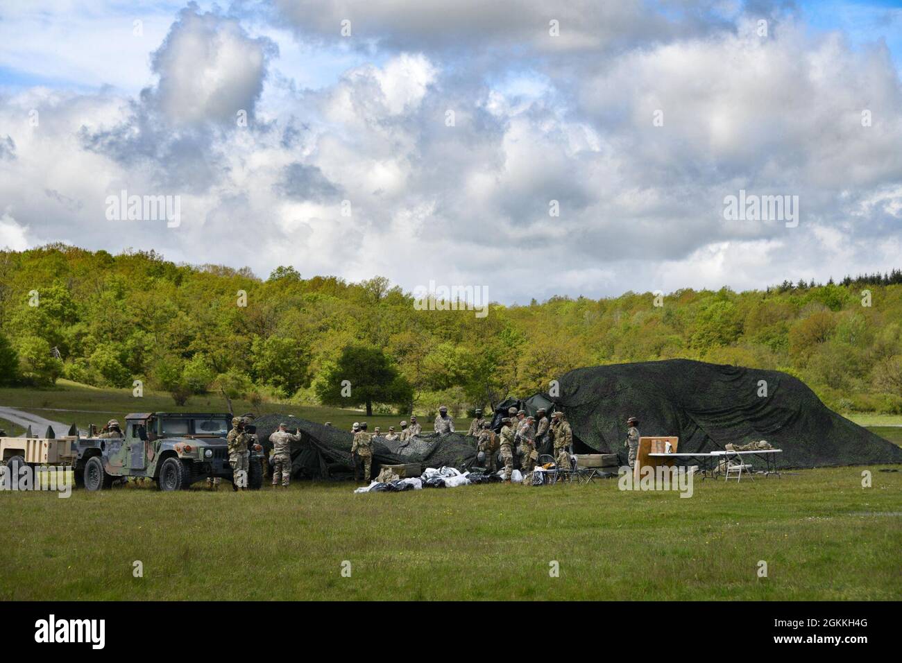 U.S. Soldiers with 601st Aviation Support Battalion, 1st Combat Aviation Brigade, 1st Infantry Division conduct field readiness exercise at Oberdachstetten Training Area, Ansbach, Germany, May 17, 2021. Stock Photo