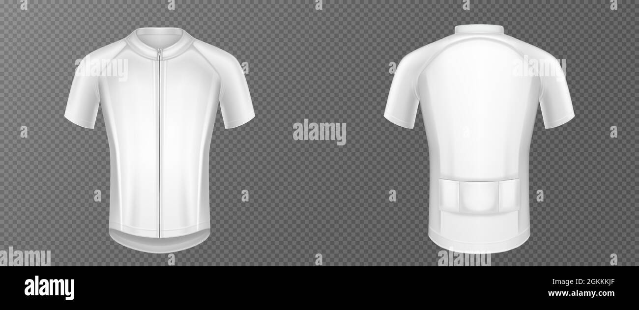 Cycling jersey, white bike t-shirt vector mockup, sports wear front and rear view. Sport clothes, shirt with short sleeves template isolated on transparent background, Realistic 3d illustration Stock Vector