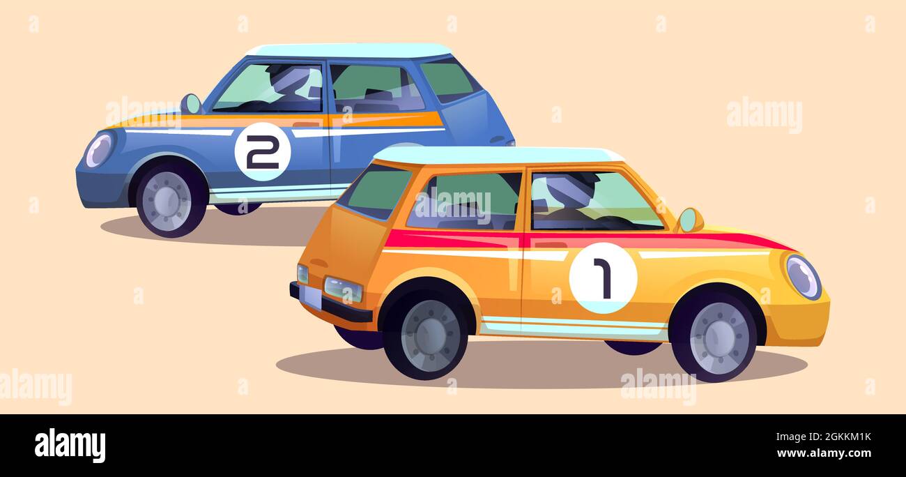 Race cars, cartoon rally auto with drivers. Racing automobiles of blue and orange colors with numbers on door prepare for track. Racetrack sport vehicles with pilots inside. Vector illustration Stock Vector