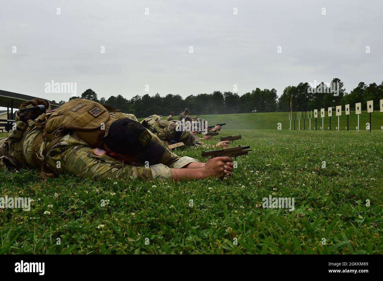 Master Sgt. Michael Dement, Kentucky National Guard, fires from the prone May 18, during the 2021 Chief, National Guard Bureau Postal Matches—Phase III, at Camp Butner Training Center, Hampton, North Carolina. Stock Photo