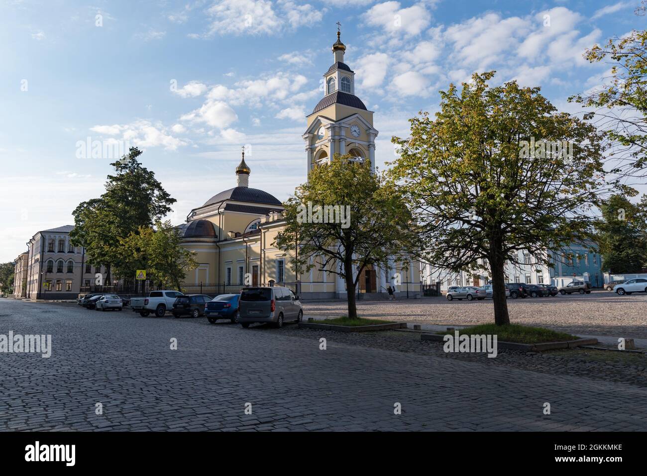 Vyborg, Leningrad Oblast, Russia - August 28, 2021: Transfiguration Cathedral on the Cathedral Square in sunny day Stock Photo