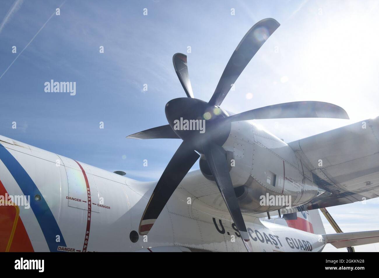 Pictured is a propellor from an HC-130 Hercules aircraft at Coast Guard Air Station Elizabeth City, May 18, 2021. The aircrew was conducting pre-flight inspections in order to participated in a joint-service search and rescue exercise with the Navy, the Marines and the Air Force in order to test communication capabilities in the event of a joint-service response. Stock Photo