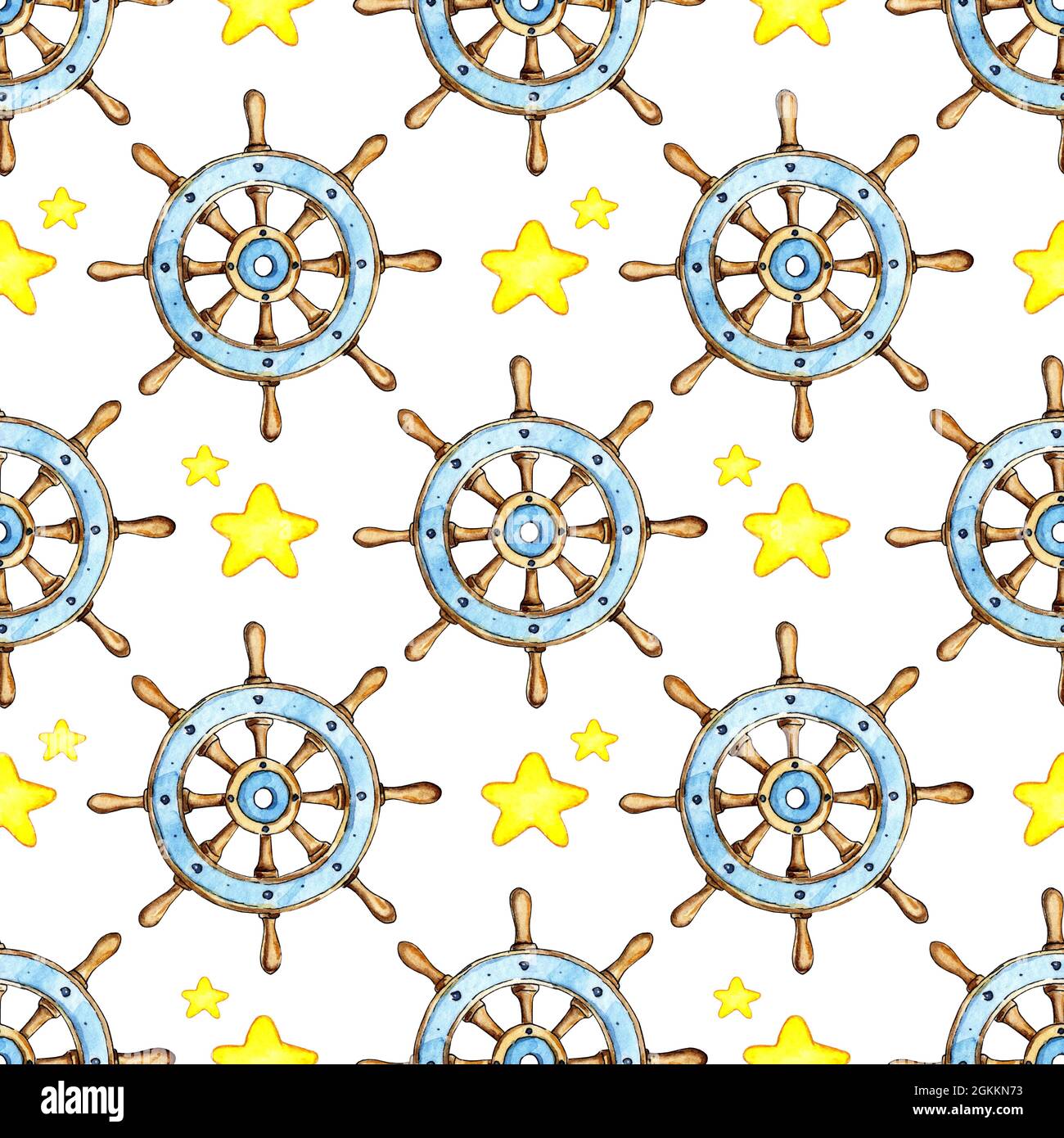 Watercolor painting pattern of vintage wooden ship steering wheel and ...