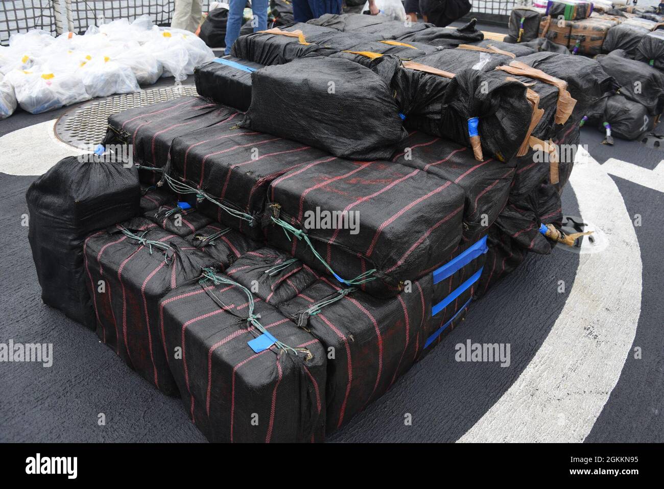 Bails of seized cocaine sit on the deck of the Coast Guard Cutter Active (WMEC 618) before being offloaded in San Diego, Wednesday. The drugs, worth an estimated $220 million, were seized in international waters of the Eastern Pacific Ocean during April and May. (. Stock Photo