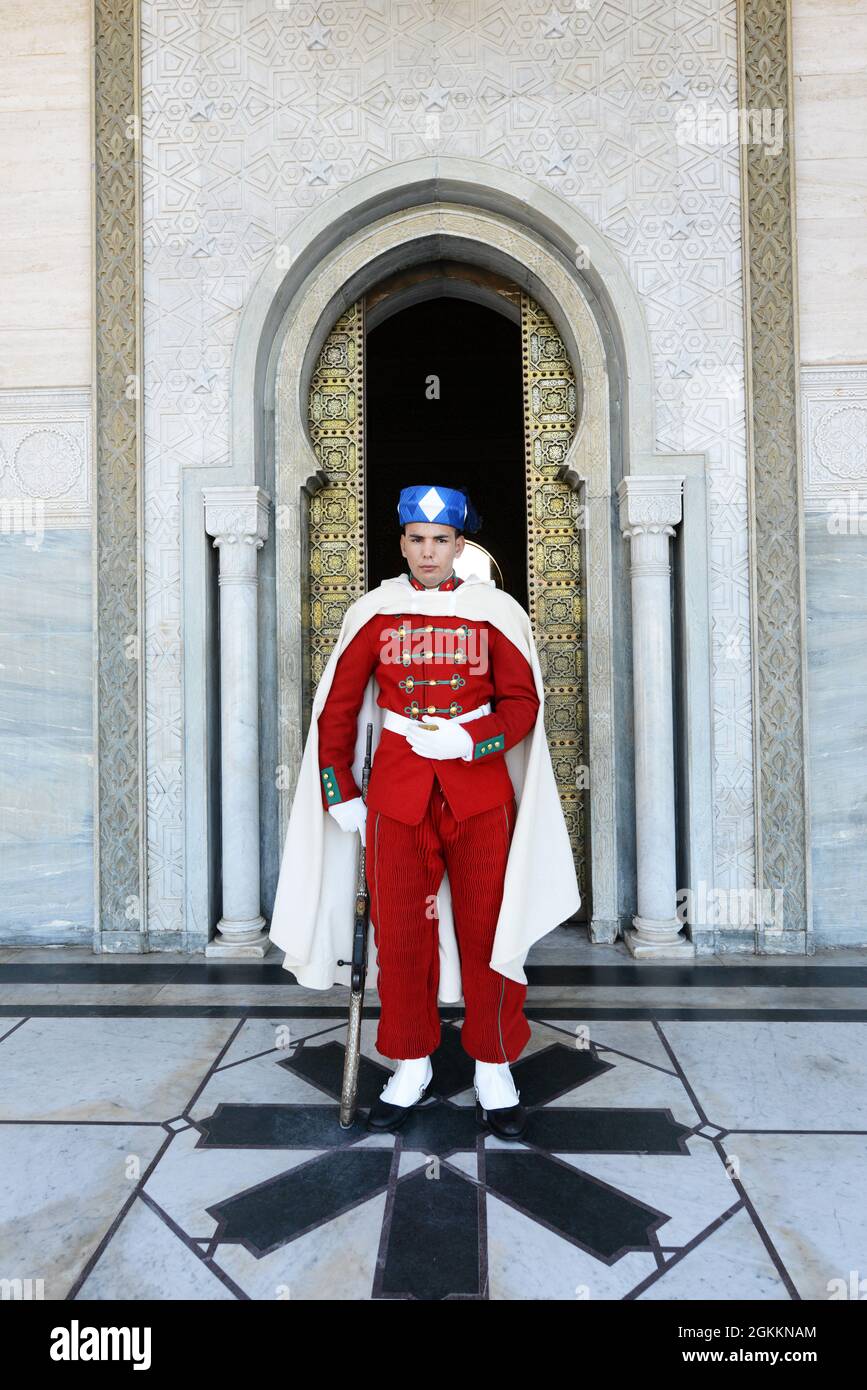 Moroccan royal guard at the entrance of the Mausoleum of Mohammed V in