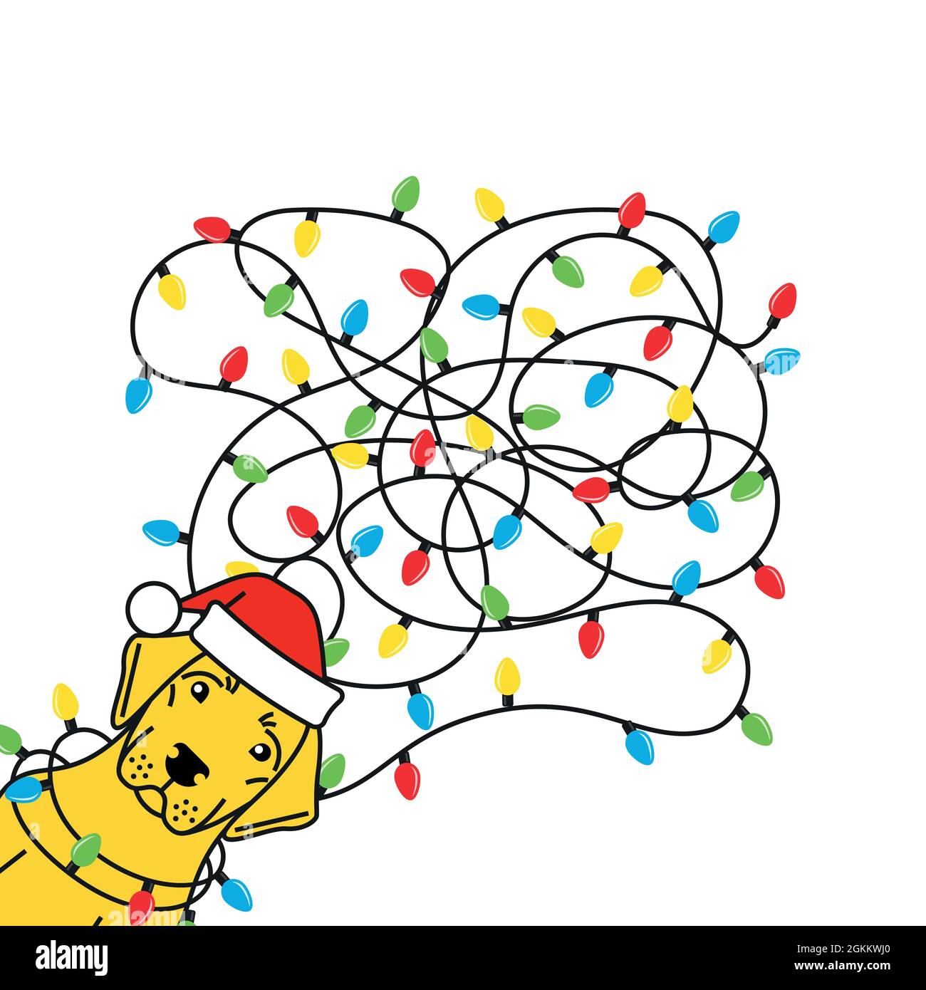 Labrador tangled christmas lights in santa hat Stock Vector