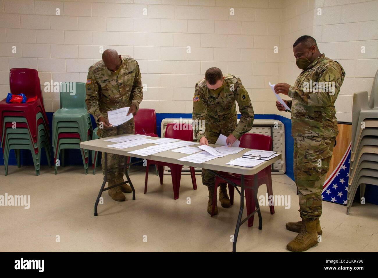 Soldiers assigned to vaccination strike team two, Kentucky National Guard, prepare documents prior to administering COVID-19 vaccinations to detainees at the Big Sandy Regional Detention Center, Paintsville, Ky. May 20. This comes in part to COVID-19 vaccine distrubution throughout the commonwealth. Stock Photo