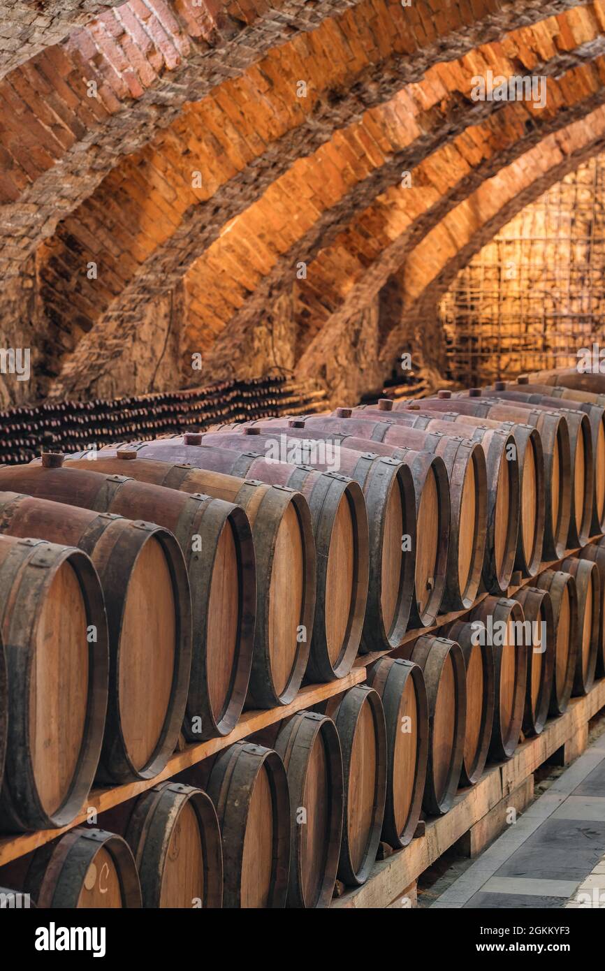 Old wooden barrels with wine in the ancient medieval cellars Stock
