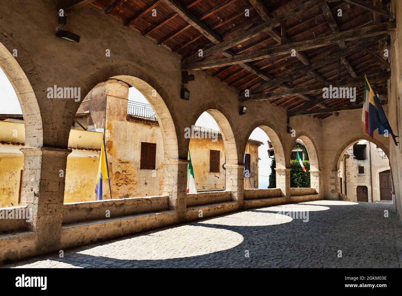 Sermoneta , hill town in the central Italy , Loggia dei Mercanti ,Lodge of the Merchants , used as seat of Municipality business and popular assemblie Stock Photo