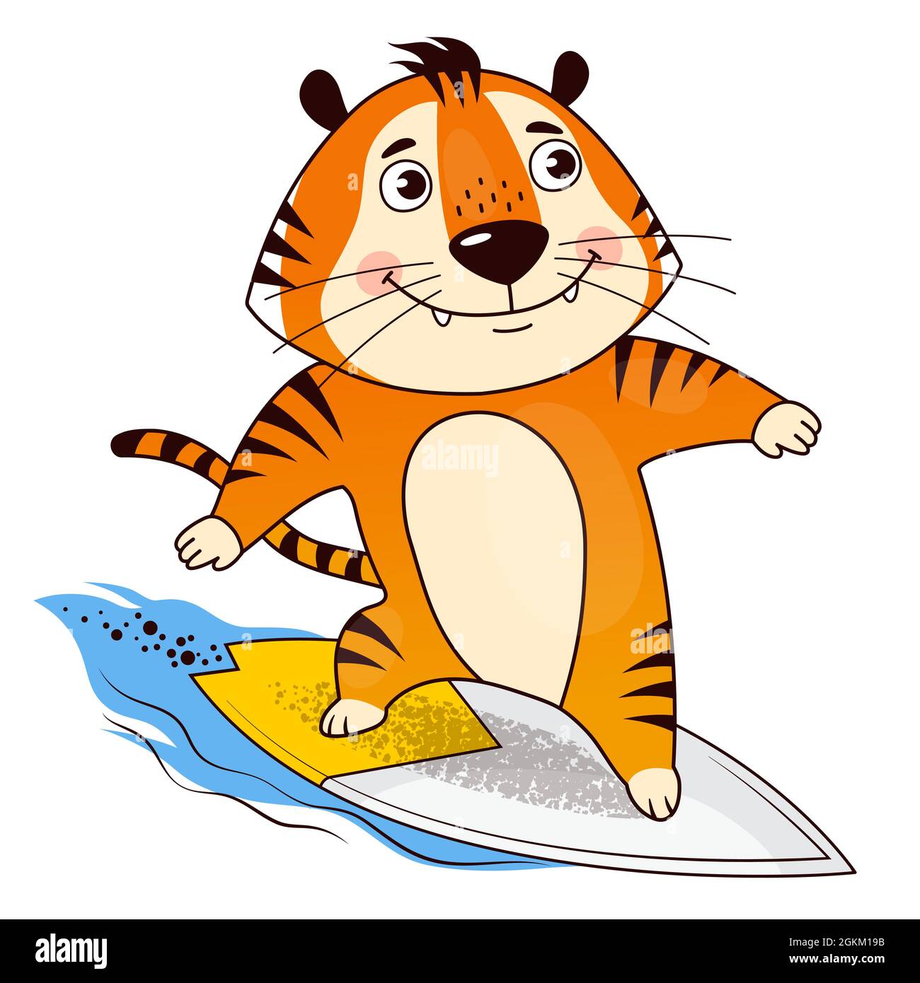 Cool cartoon surfer tiger catches the wave. Symbol of 2022, year of the tiger. Vector illustration. Stock Vector