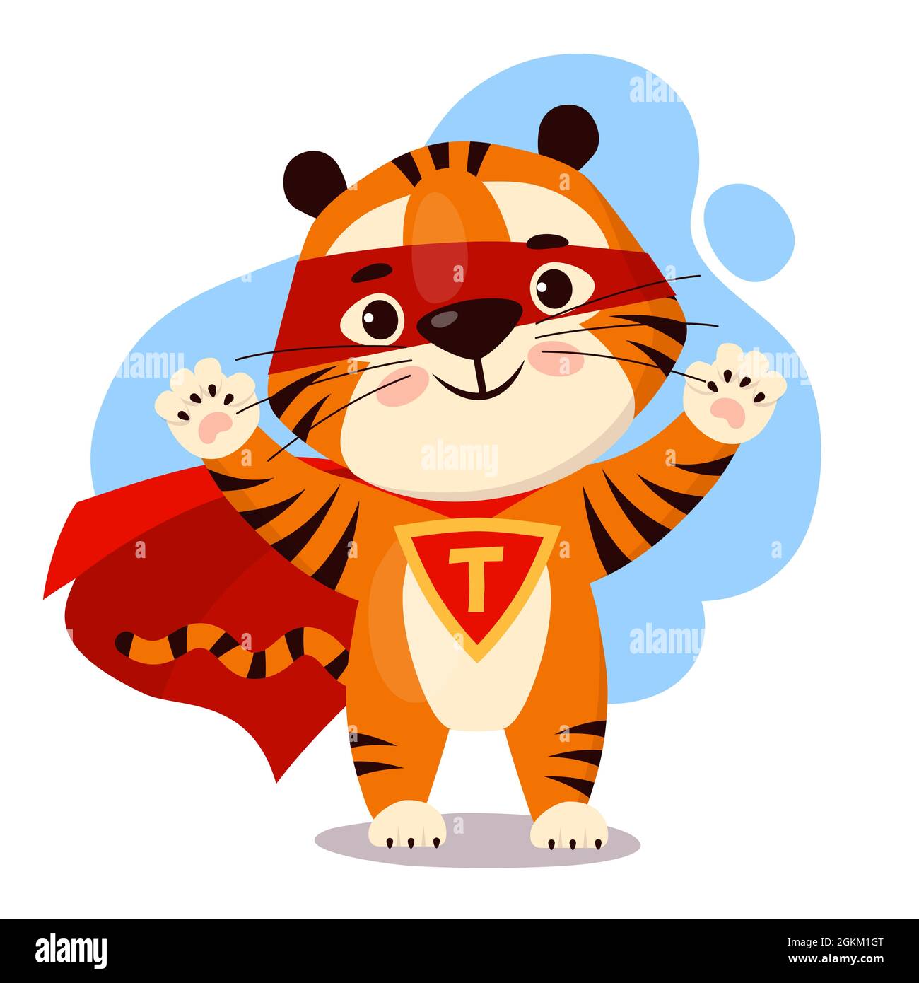 Cute cartoon tiger in a red superhero cape. Symbol of 2022, year of the tiger. Vector illustration. Stock Vector
