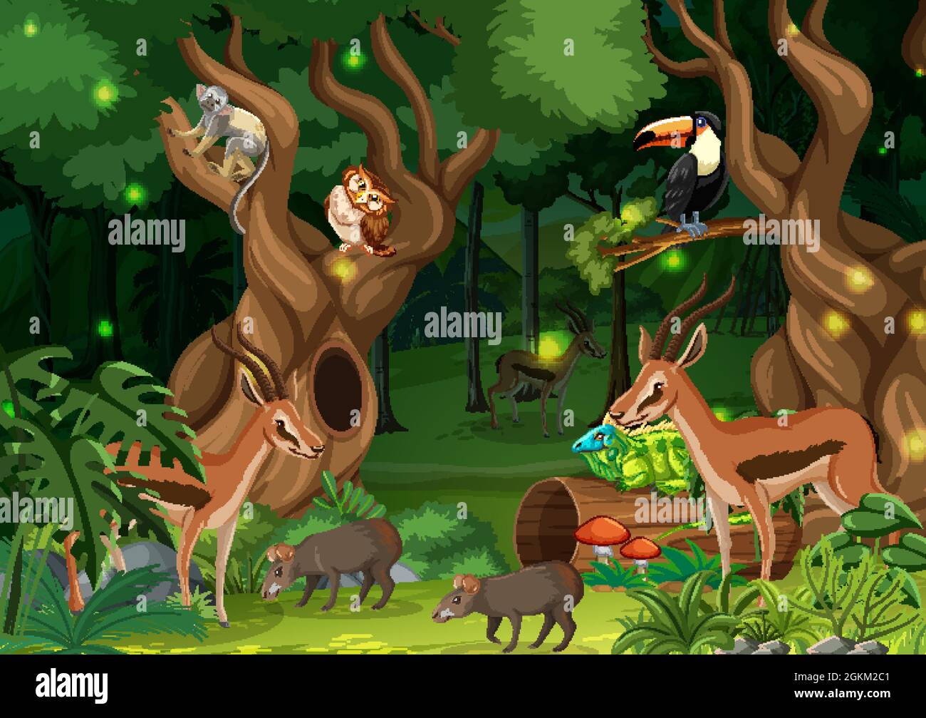 Wild animals in forest landscape background illustration Stock Vector ...