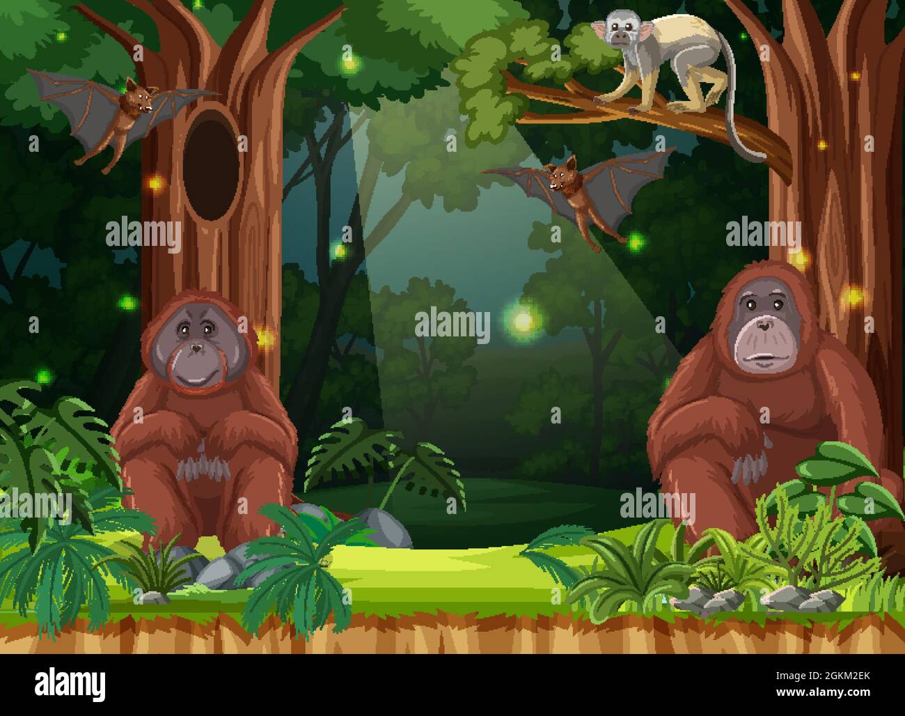 Wild animals in forest landscape background illustration Stock Vector ...
