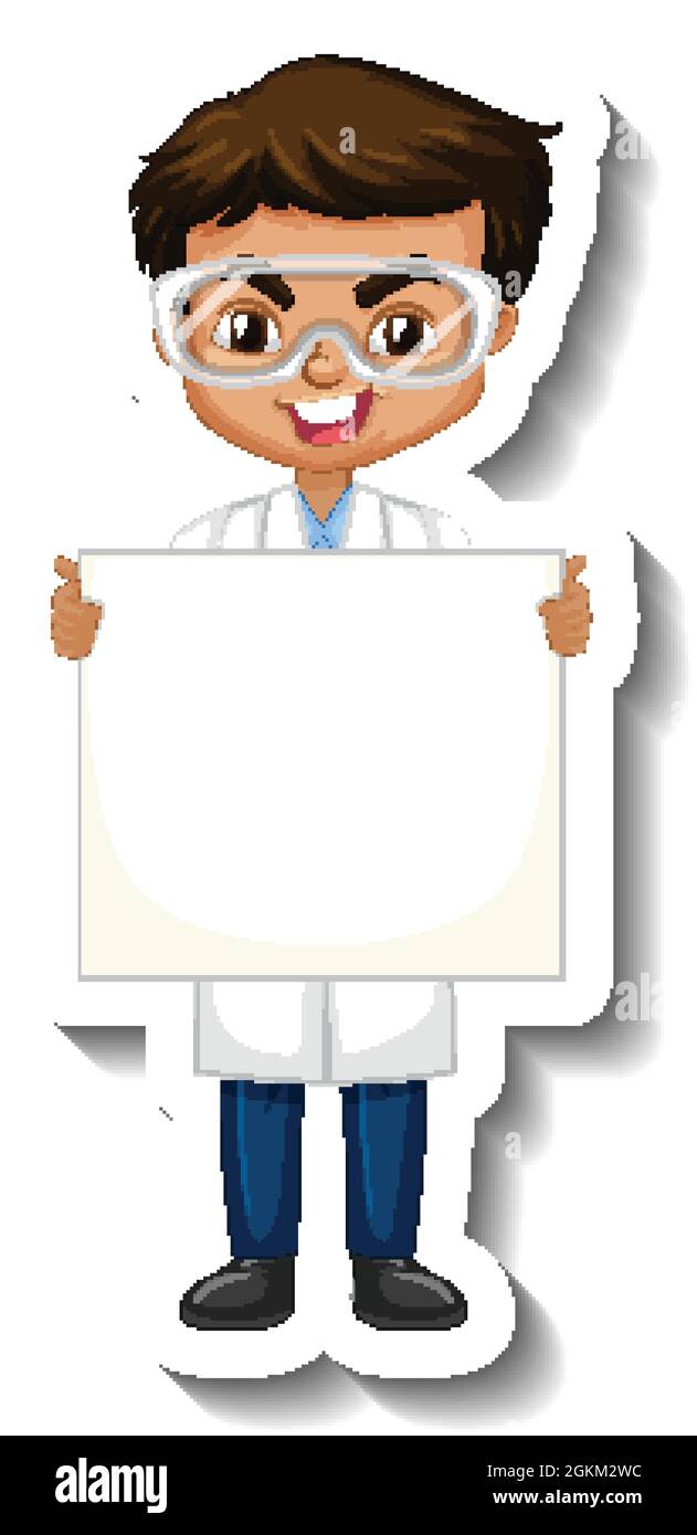 Cartoon character sticker with a boy in science gown holding empty ...