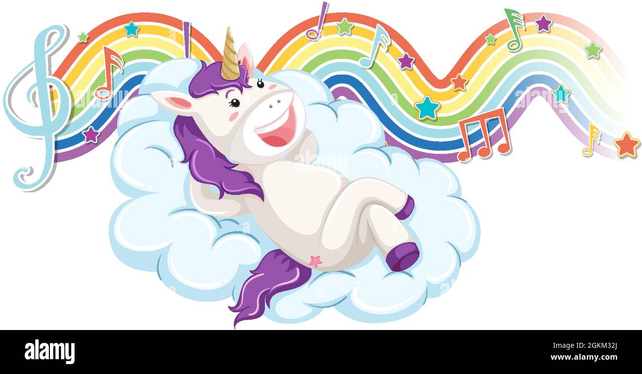 Unicorn laying on the cloud with melody symbols on rainbow wave ...