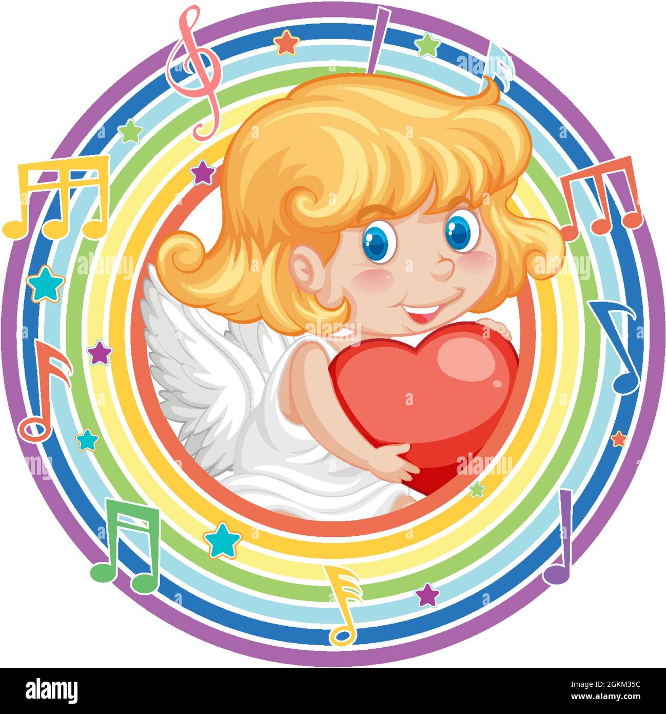 Cupid girl in rainbow round frame with melody symbol illustration Stock ...