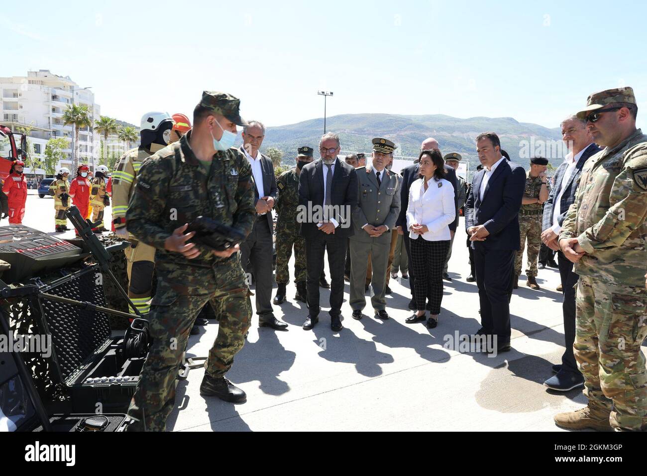 The Albanian Armed Forces Explosive Ordnance Disposal (EOD) unit shows off U.S.-donated equipment May 22, 2021, at a military sponsored open house in Vlore, Albania, held as part of DEFENDER-Europe 21 activities.  During the event, U.S. Ambassador to Albania Yuri Kim was briefed on the equipment and the continued U.S. commitment to peace and security in Albania, which includes decontamination of landmine and unexploded ordnance sites left over from previous conflict here. DEFENDER-Europe 21 is a large-scale U.S. Army-led exercise designed to build readiness and interoperability between the U.S Stock Photo