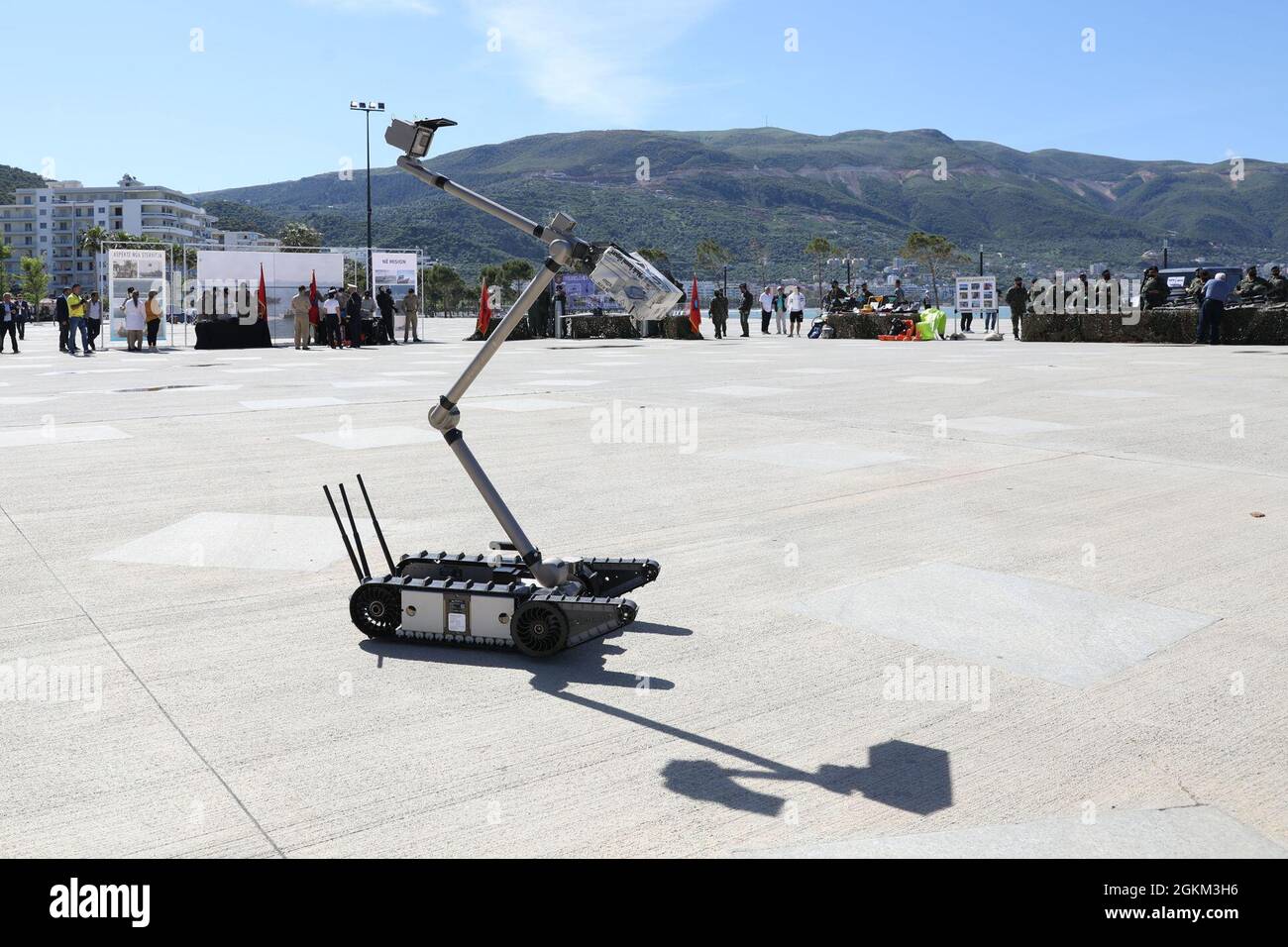 The Albanian Armed Forces Explosive Ordnance Disposal (EOD) unit shows off U.S.-donated equipment, including a robot designed to move explosive devices and keep military personnel safely out of harms way May 22, 2021, at a military sponsored open house in Vlore, Albania, held as part of DEFENDER-Europe 21 activities.  During the event, U.S. Ambassador to Albania Yuri Kim was briefed on the equipment and the continued U.S. commitment to peace and security in Albania, which includes decontamination of landmine and unexploded ordnance sites left over from previous conflict here. DEFENDER-Europe 2 Stock Photo