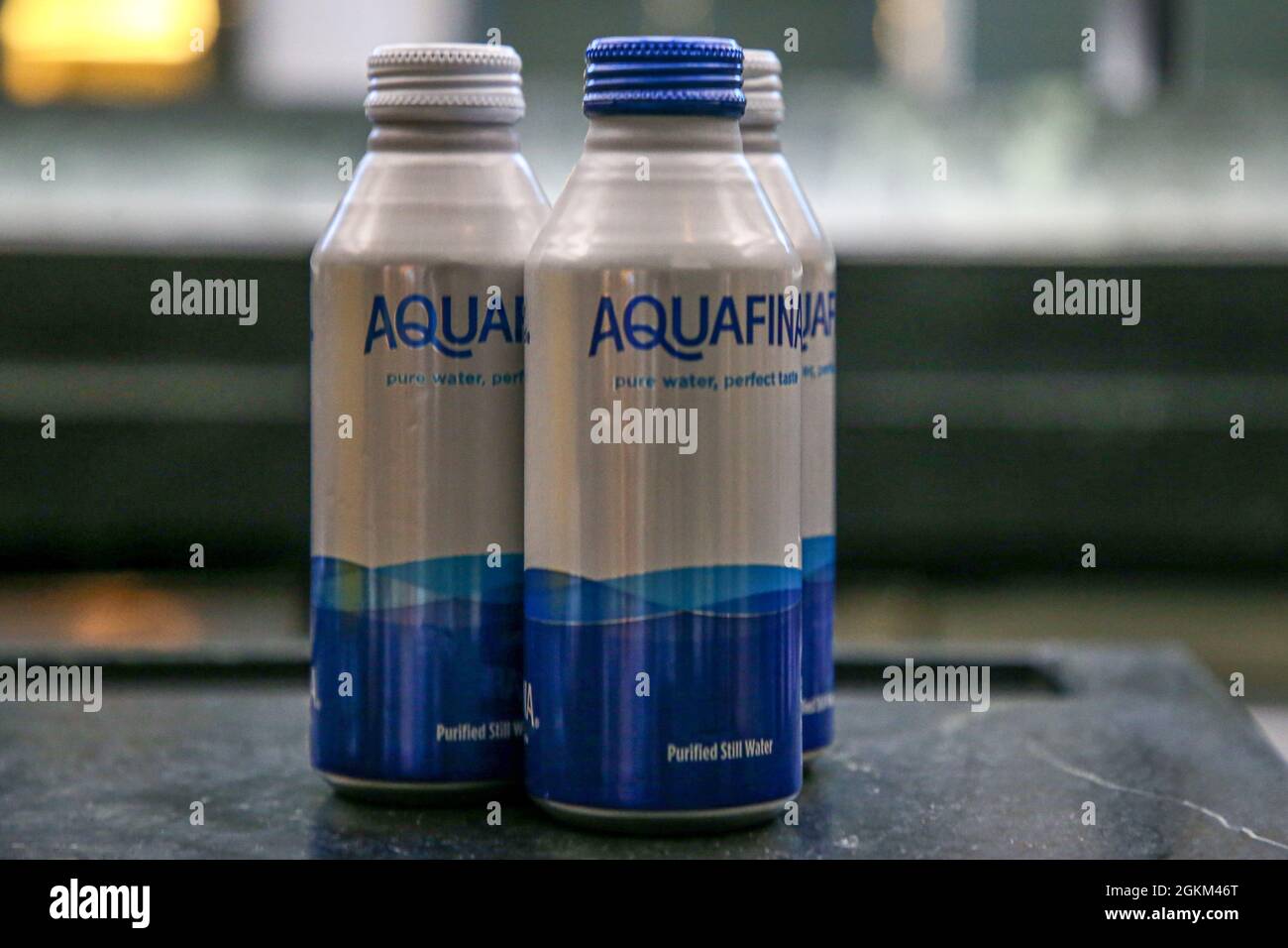 Tuesday, September 14, 2021; Miami, FL. USA;  A general view of bottled water, now served in aluminum cans, which is easier to recycle. during the Hard Rock Stadium Media Tour and Tasting before the Miami Dolphins home opener against the Buffalo Bills.  (Kim Hukari/Image of Sport) Stock Photo