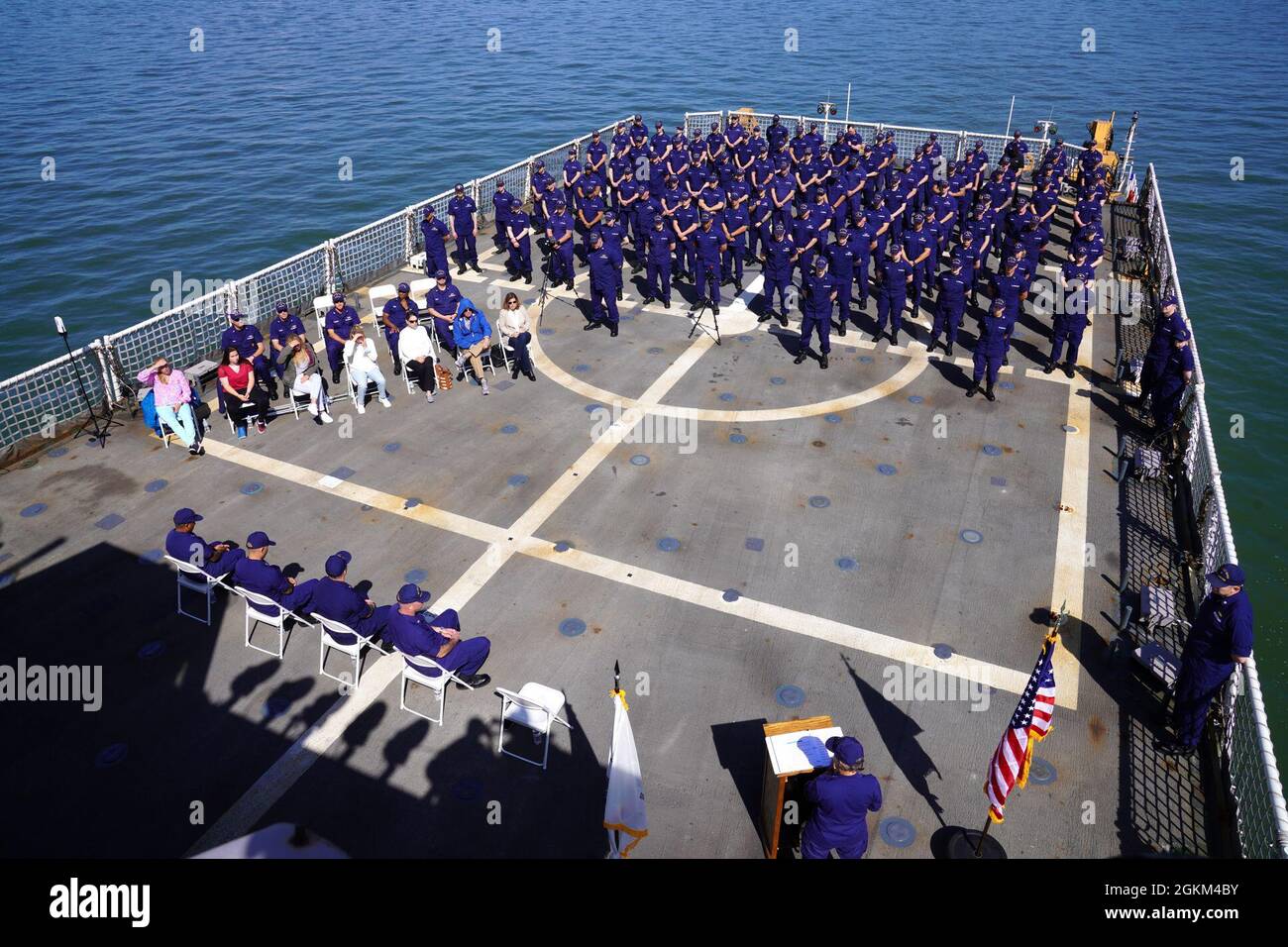 Vice Adm. Linda L. Fagan, commander, Coast Guard Pacific Area and Defense Forces West, addresses Coast Guard Cutter Stratton’s (WMSL 752) command and crew during a change of command ceremony held aboard Stratton at anchor in the San Francisco Bay, May 22, 2021. Capt. Stephen Adler relieved Capt. Bob Little as Stratton’s commanding officer during the at-sea ceremony. Stock Photo