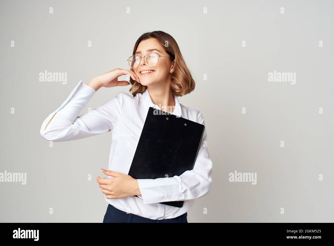Business woman in white shirt documents manager office work Stock Photo ...