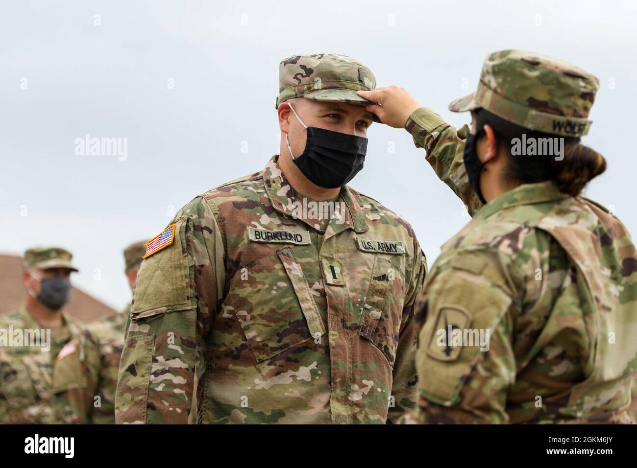 James Burklund, transportation officer, Headquarters and Headquarters Company, 67th Maneuver Enhancement Brigade, is promoted to the rank of first lieutenant in the Nebraska Army National Guard, May 23, 2021, during pre-deployment training at Fort Hood, Texas. Burklund was promoted by Maj. Jessica Wolff, brigade logistics officer. Stock Photo